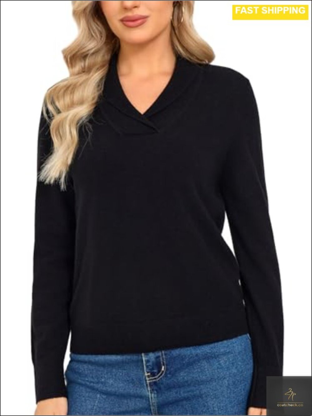 100% Merino Wool V Neck Shawl Collar Pullover Sweater Women
